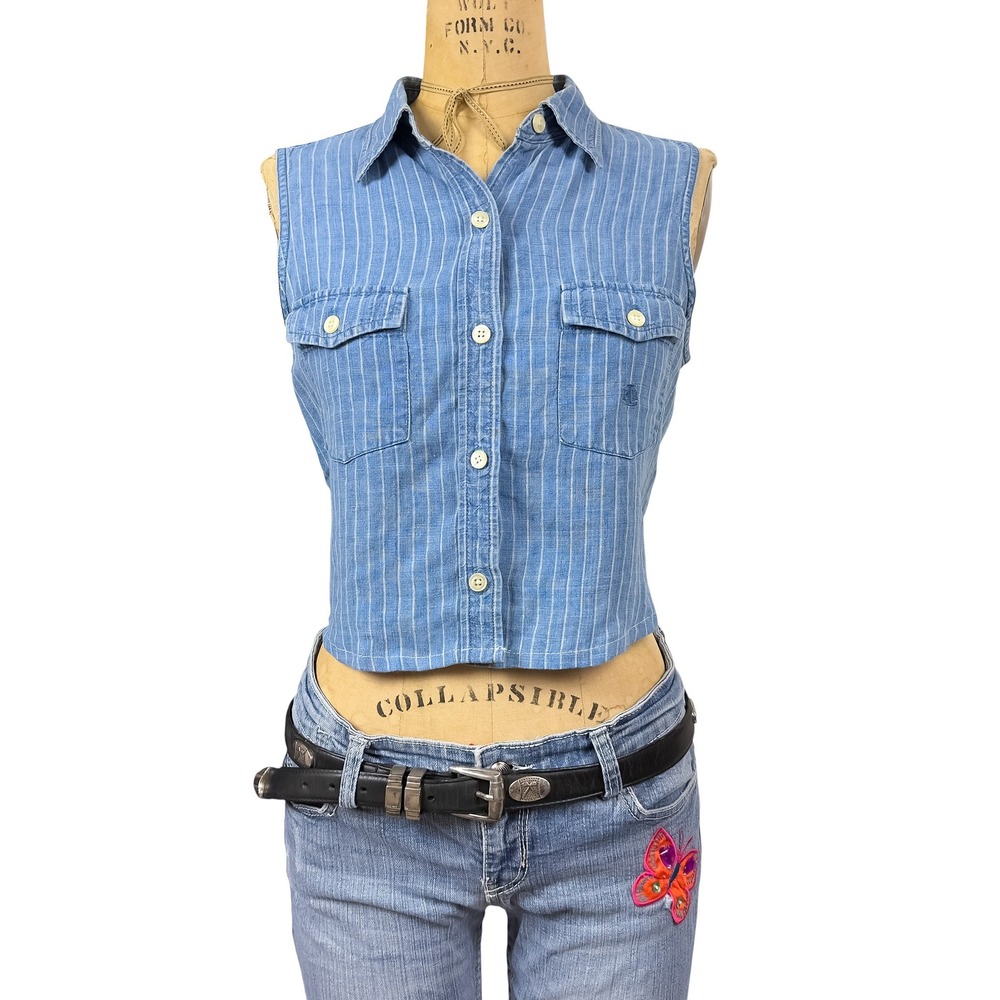 Vintage Lauren Ralph Lauren Denim Vest Linen Button Down Pinstripe 90s Size M